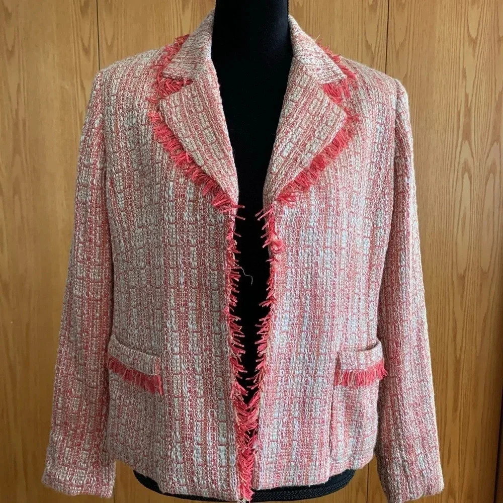 NWT Coldwater Creek Fringe Collar Tweed Lined Blazer Size S Pink Open Front